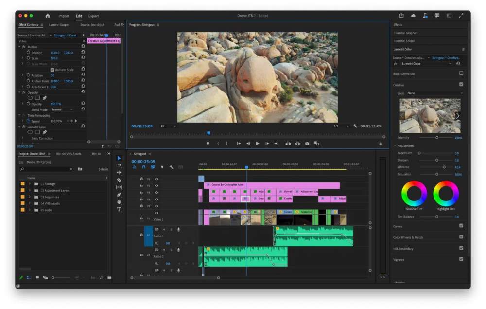 הממשק של התוכנה לעריכת וידאו Adobe Premiere Pro