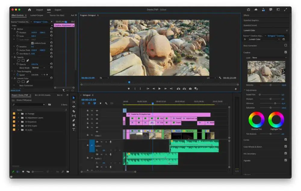 הממשק של התוכנה לעריכת וידאו Adobe Premiere Pro תוכנת עריכה