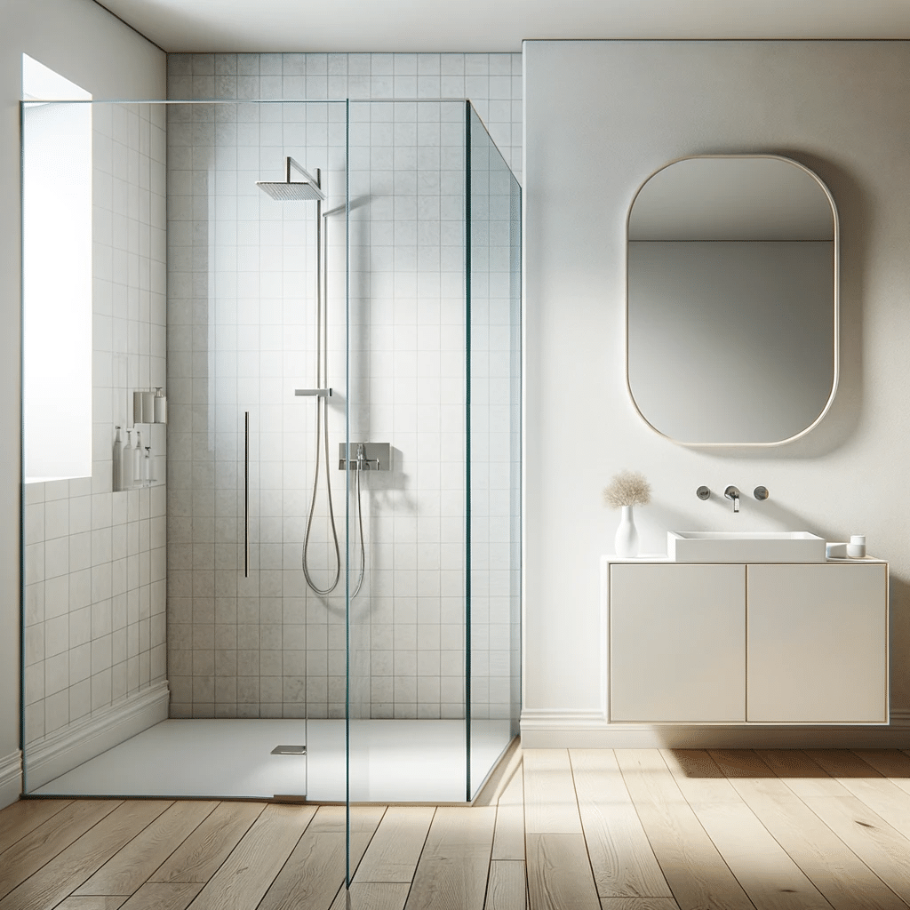 עיצוב חדר אמבטיה טהור ומינימליסטי עם אבזור אלגנטי ומחיצת זכוכית שקופה