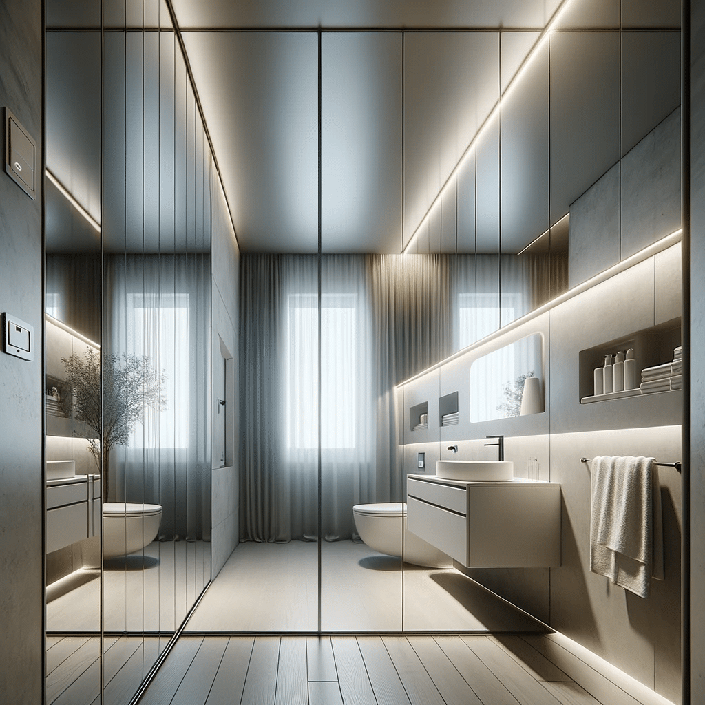 עיצוב חדר אמבטיה המציג מראה מקיר לקיר המשקפת חלל מלא אור