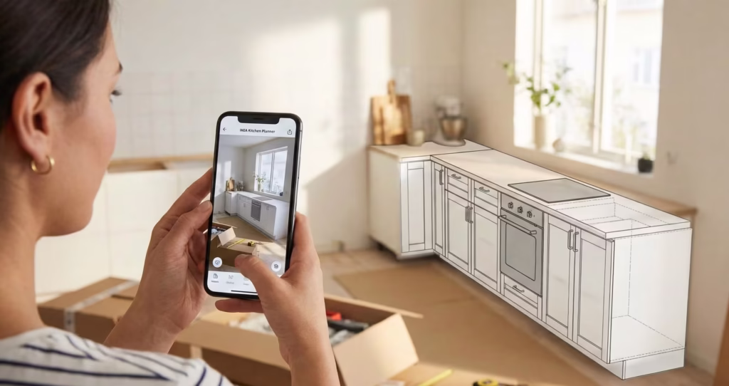 אישה מצלמת את המטבח שלה והתוכנה מעצבת את המטבח