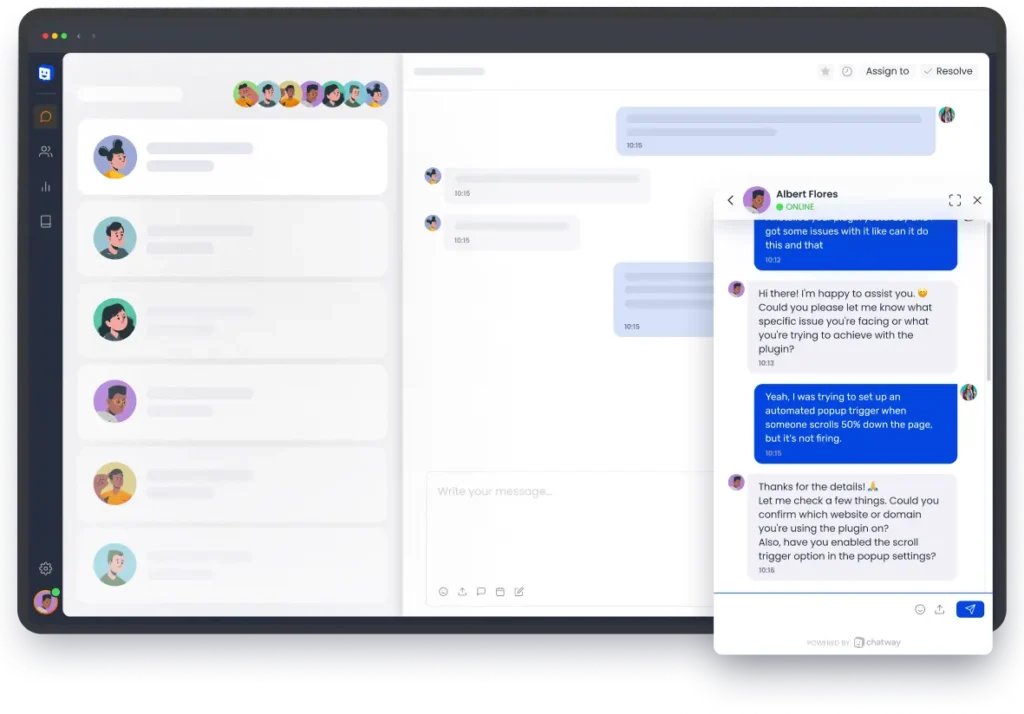 הממשק לייב צ'אט לאתר של chatway