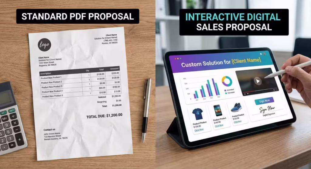 Image of standard PDF invoice proposal vs interactive digital sales proposal
